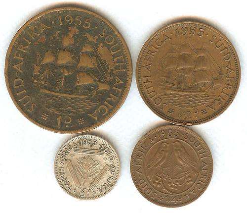1955 SA UNION PENNY, HALF PENNY, FARTHING AND THREE PENCE