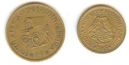 1961 1 ONE CENT AND 1/2 HALF CENT - VAN RIEBEECK