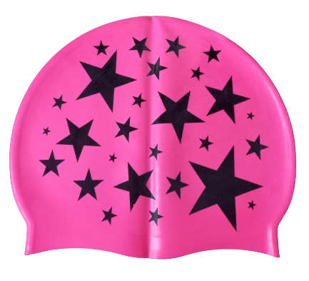Swim Cap Spurt Fun - Black stars on pink background
