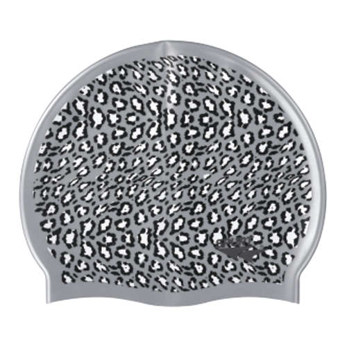 Swim Cap Spurt Fun- Leopard Print on Silver Background