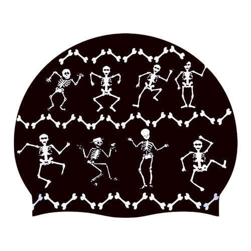 Swim Cap Spurt Fun - Dancing Skeletons on Black Background