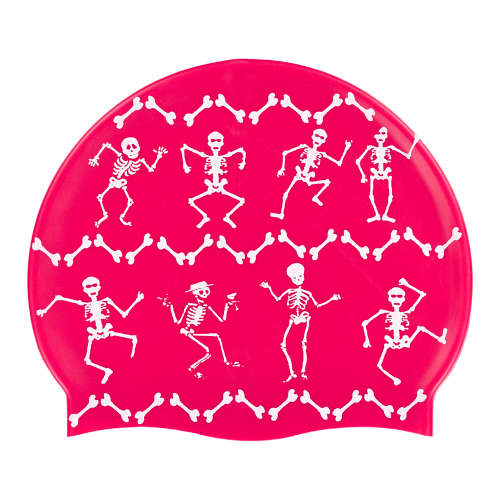 Swim Cap Spurt Fun - Dancing Skeletons on Pink Background