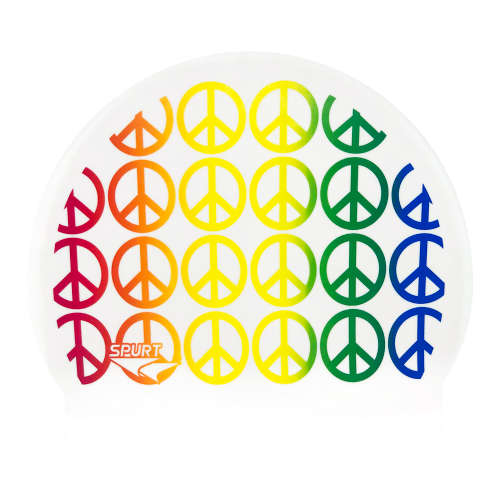 Swim Cap Spurt Fun - Peace Signs Rainbow on White Background