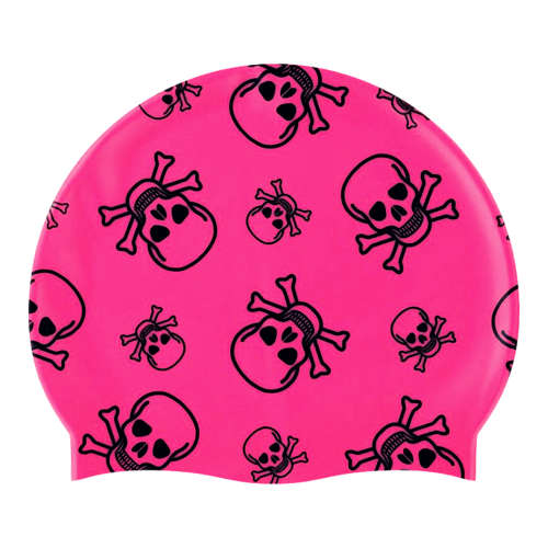 Swim Cap Spurt Fun - Skulls on Pink Background