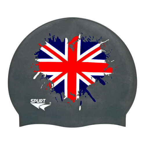 Swim Cap Spurt Country Flag - Great Britain UK Heart Splash Grey