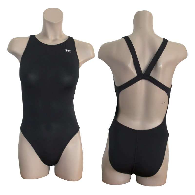TYR Ladies / Girls Swimming Costume Solid Powerback Black - Size 24