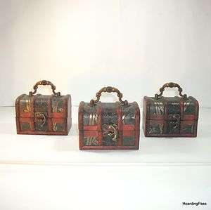 3 Decorated  Antique Design Wooden Jewelry Treasure Chest Boxes