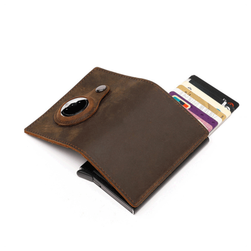 Air-Tag compatible genuine leather slim wallet with RFID blocking card holder - Brown