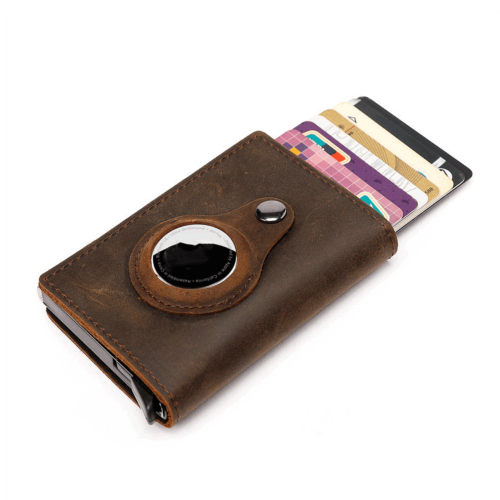 Air-Tag compatible genuine leather slim wallet with RFID blocking card holder - Brown