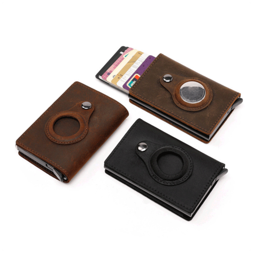Air-Tag compatible genuine leather slim wallet with RFID blocking card holder - Brown