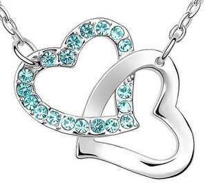 STUNNING !! 18KGP Czech Rhinestones Double Heart Pendant Necklace - 3 Colors Available !!