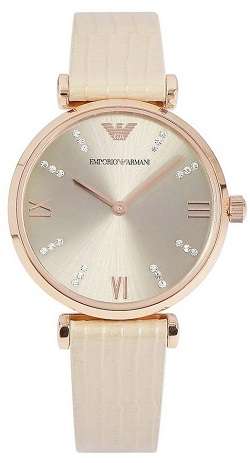 ## STYLISH !! ## Emporio Armani Woman's Grey Dial Beige Leather Watch - ELEGANT !!