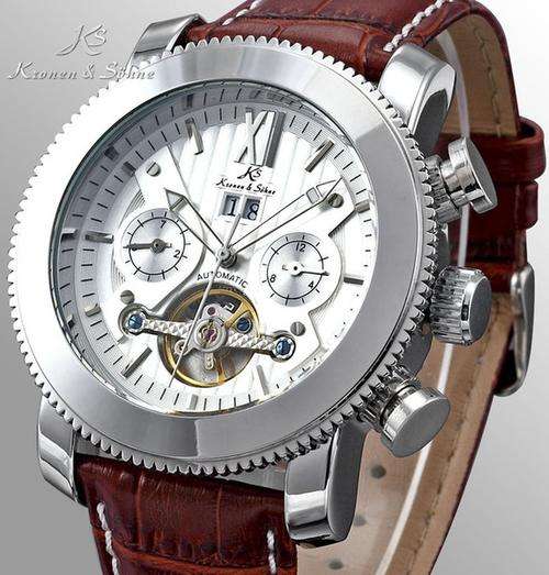 ## NEW ARRIVAL ## Kronen & Sohne Men's Silver Stainless Steel Brown Leather Automatic Watch