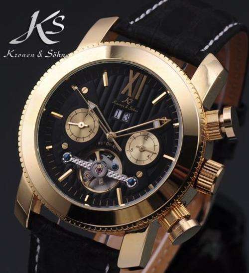 ## NEW ARRIVAL ## Kronen & Sohne Men's Gold Stainless Steel Black Leather Automatic Watch