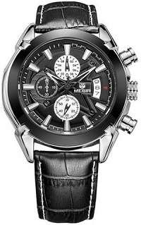 MEGIR Men's Black Leather Stainless Steel Watch - Full Chronograph Function