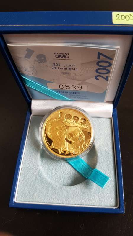 ****2007 R25 1OZ 24CT GOLD COIN `FW DE KLERK AND NR MANDELA  NOBEL PEACE PRICE WINNERS`