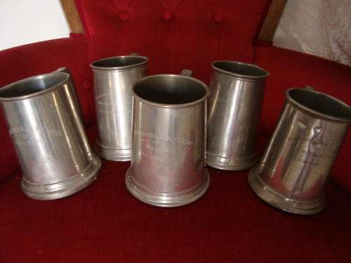 5 X PEWTER TANKARDS WITH PERSPEX BOTTEMS dated from 1922 to 1938
