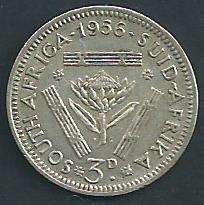 1956 SA UNION SILVER 3d TICKEY.