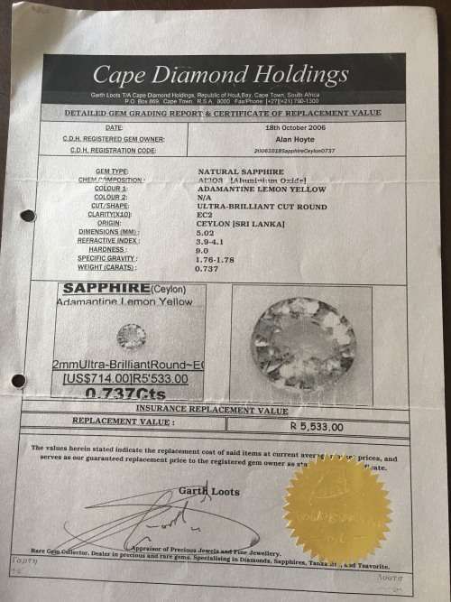 CERTIFIED CEYLON SAPPHIRE 0.737ct ADAMANTINE LEMON YELLOW, ULTRA BRILLIANT ROUND
