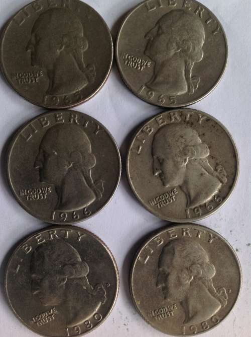 USA QUARTERS 2 x 1965, 2 x 1966, 2 x 1980 BID PER COIN TO TAKE ALL 6.