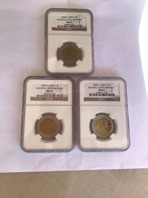 2008 MANDELA 90th BIRTHDAY, NGC GRADED MS62, MS63,AND MS64. BID PER COIN.