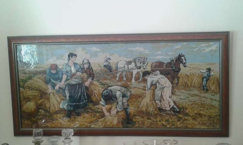 "HARVEST TIME IN THE WHEAT FIELDS" LARGE (120CM X 57CM) INTRICATE NEEDLEWORK, NICELY FRAMED.