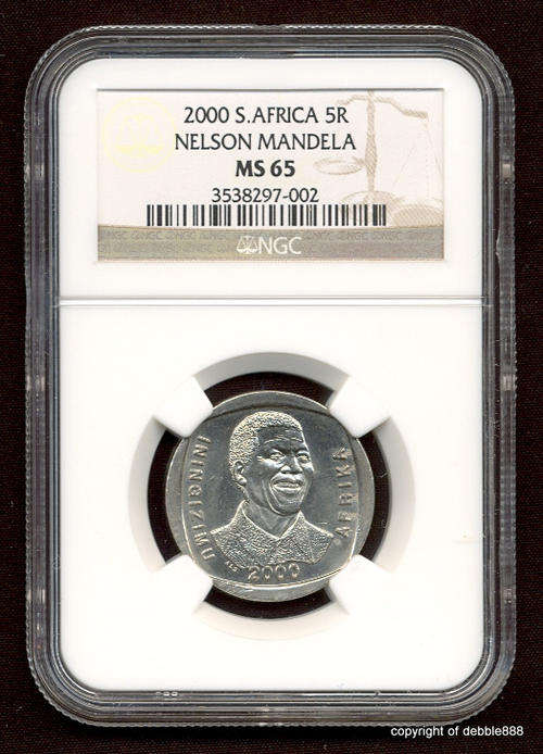 "SECOND HIGHEST GRADED" MS65  2000 SMILEY  MANDELA  R5 COIN.
