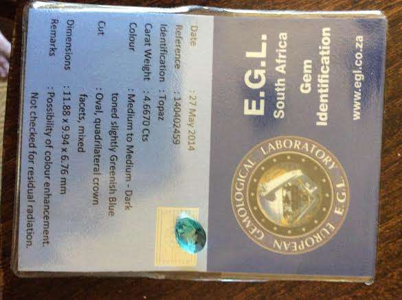 EGL Certified 4.667ct OVALTOPAZ Medium Blue.