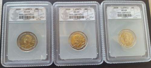 2008  90th Birthday  Mandela  R5 x 3 SACGS Graded "MS64,MS65,MS66"