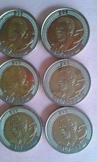 2008  90th Birthday  Mandela  R5 x 6. Bid per coin to take all 6.