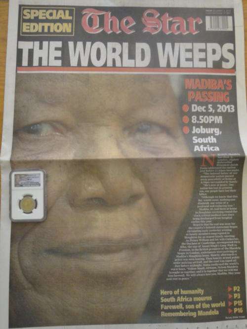 Nelson Mandela - The Star Newspaper from 6th Dec 2013 (unread) + Mandela MS67 NGC Graded Coin
