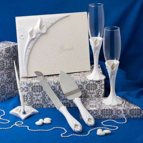 Wedding Calla Lily Set - guest book, champagne glasses, pen, cake and knife set