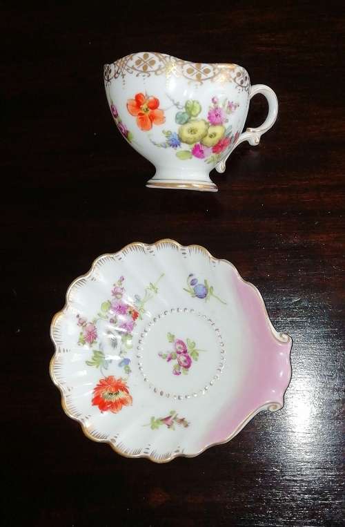 A pair of fine antique Dresden Duos  hand painted ~ rare shape