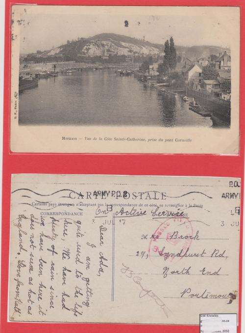 World War 1 post card 1917 . Field Censored