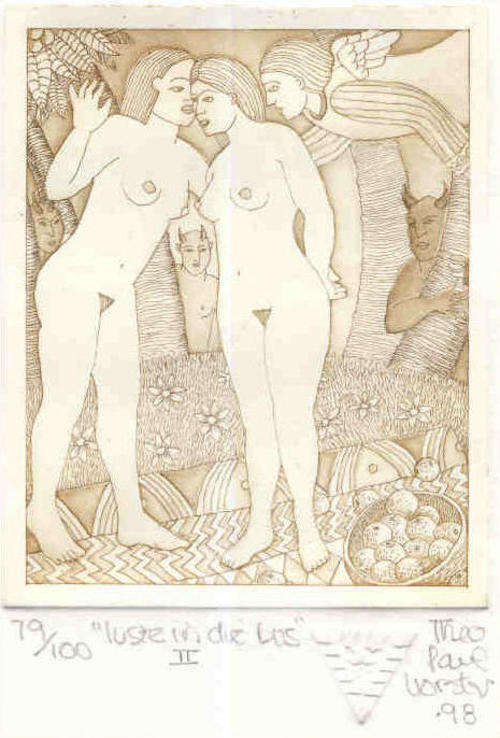 Linoprint by Theo Paul Vorster : Luste in die Bos II : 79 of 100