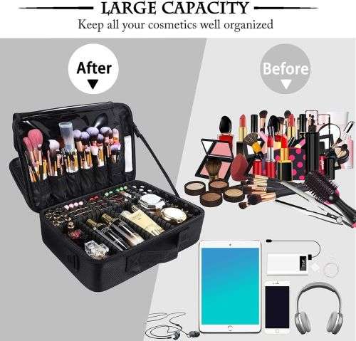 Makeup Storage Case with Adjustable Dividers and Shoulder Strap