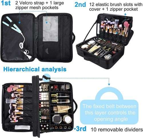 Makeup Storage Case with Adjustable Dividers and Shoulder Strap