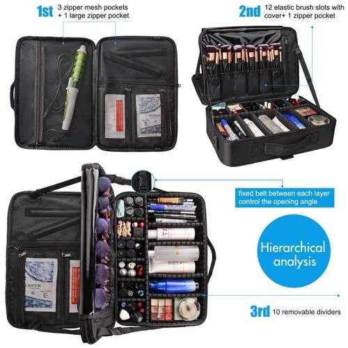 Makeup Storage Case with Adjustable Dividers and Shoulder Strap