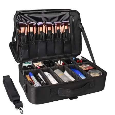 Makeup Storage Case with Adjustable Dividers and Shoulder Strap