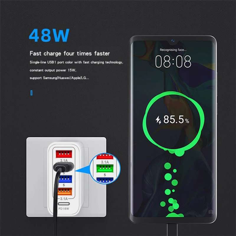 48W Charger Plug - 4 USB Ports & 1 Type C Port