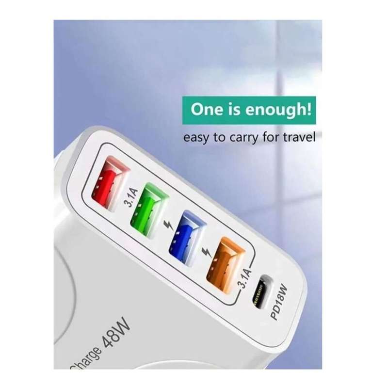 48W Charger Plug - 4 USB Ports & 1 Type C Port