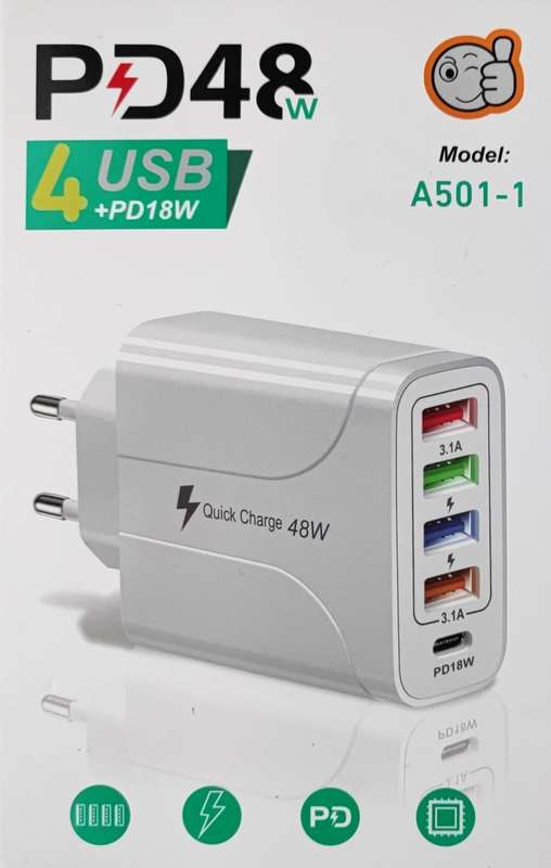 48W Charger Plug - 4 USB Ports & 1 Type C Port