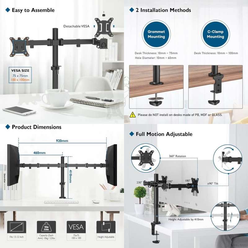 Dual Arm Desktop Monitor Clamp Stand
