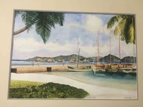 Large stunning painting of La Digue Jetty Seychelles ~ by Angelin Magnan, 2001