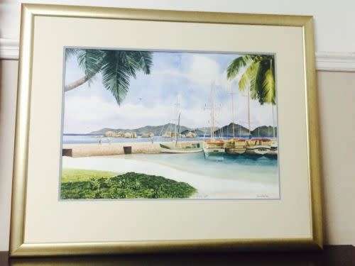 Large stunning painting of La Digue Jetty Seychelles ~ by Angelin Magnan, 2001