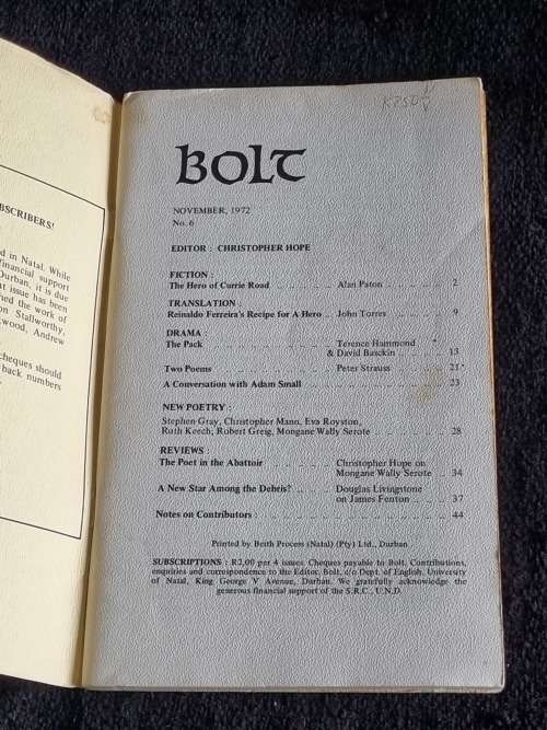 Bolt Number 6 1972 | In this issue: A new story by Alan Paton `The Hero of Currie Road`