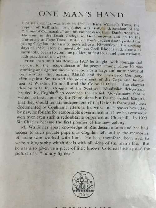 One Man`s Hand by JPR Wallis | Story of Sir Charles Coghlan and the Liberation of Southern Rhodesia