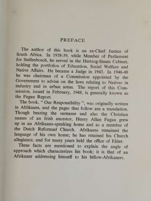 Our Responsibility by HA Fagan | A Discussion of South Africas Racial Problems 1st Edition