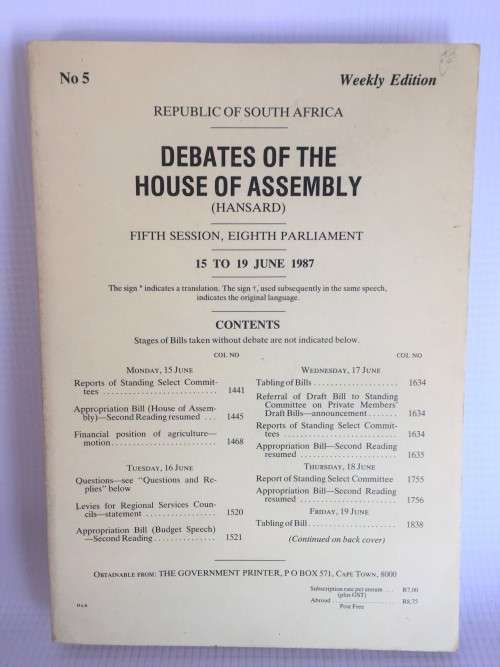 Debates of the House of Assembly Fifth Session Eighth Parliament 15 to 19 June 1987