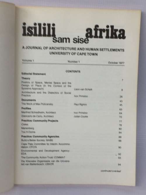 ISILILI sam sise AFRIKA: A Journal of Architecture and Human Settlements UCT Vol 1 No 1 1977